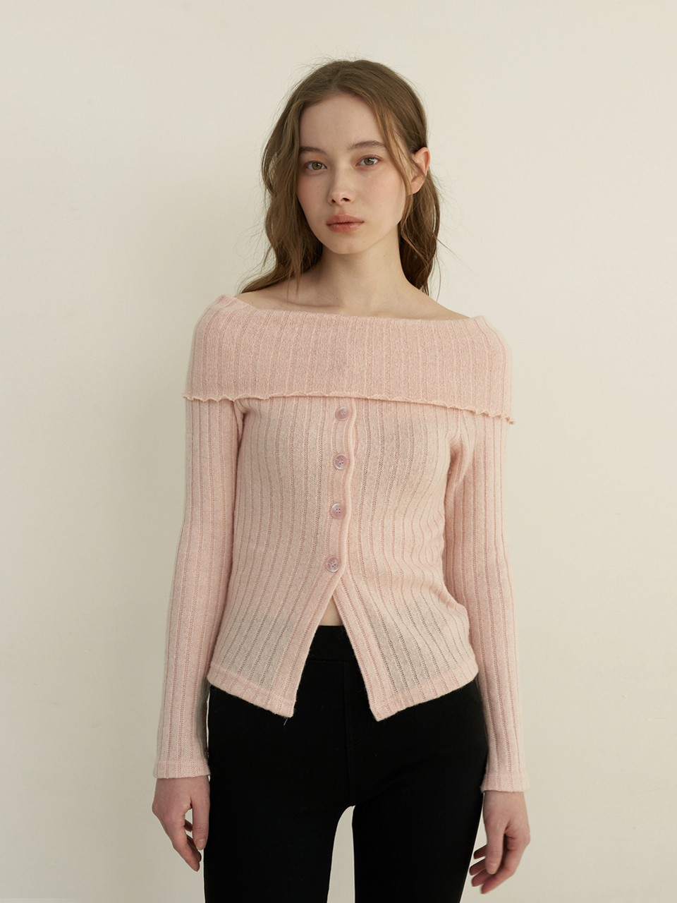 off shoulder button knit top - baby pink